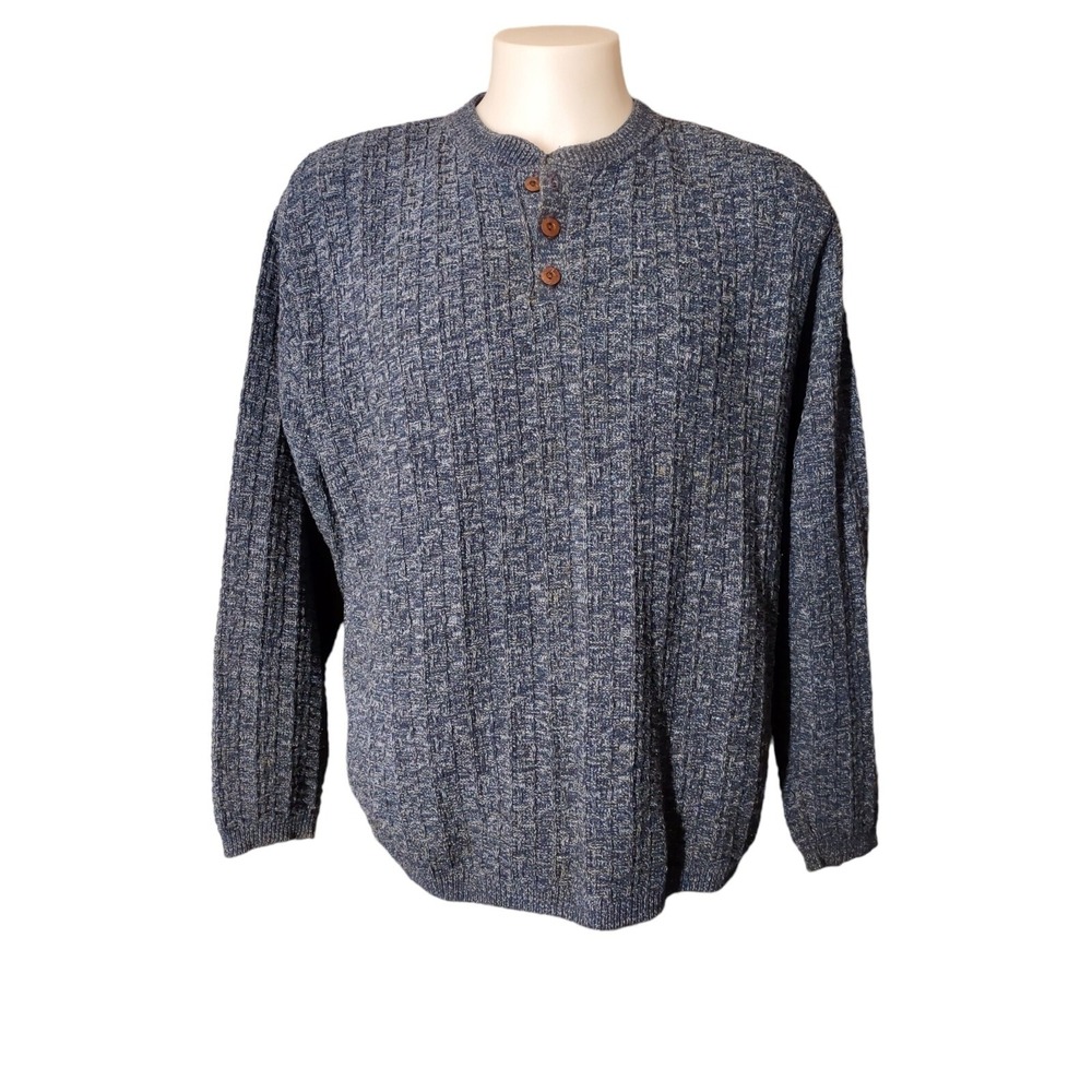 Haggar Henley Sweater Mens XL Cabin Core Retro Blue Textured Knit Long Sleeve XL